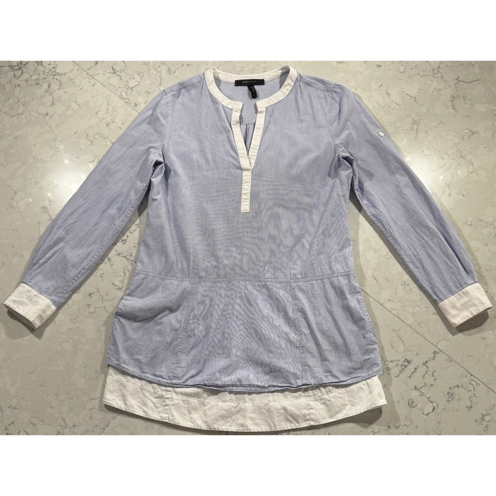 BCBGMAXAZRIA Tunic Blouse Womens Small Blue White Striped Split Neck Layered Hem